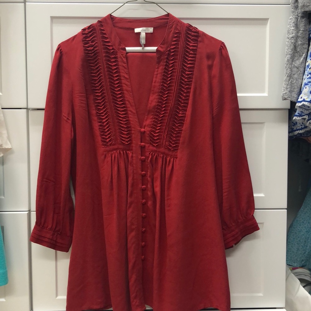 Red silk joie blouse.
